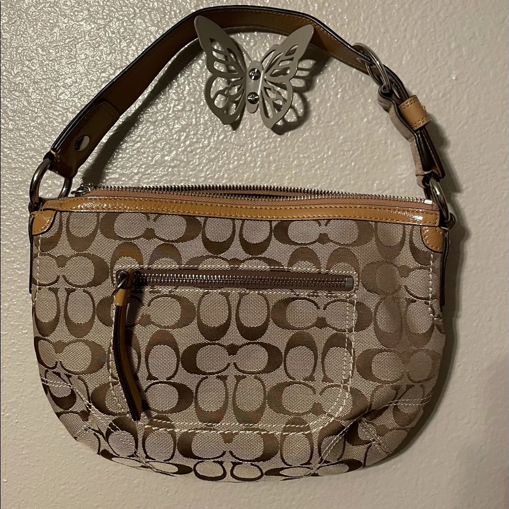 Coach Beige Signature Canvas Shoulder Bag with Tan Leather Trim